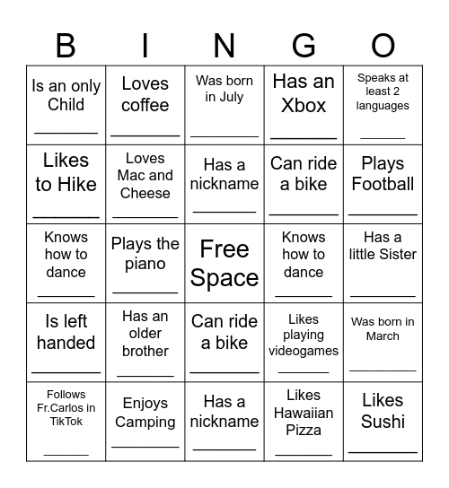 YOUTH HUMAN BINGO Card