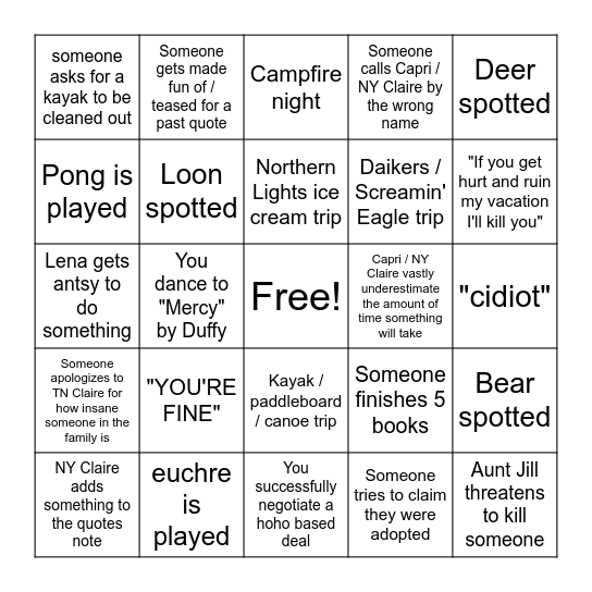 Cicero ADKs Bingo 2025 Bingo Card