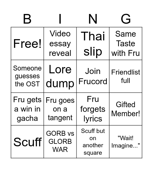 fru3 BINGO! Bingo Card