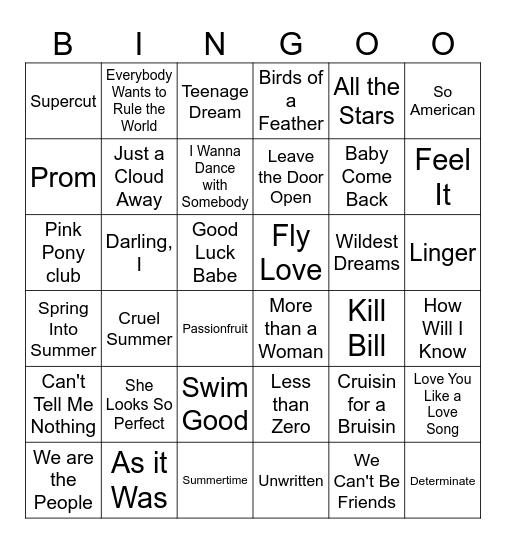 Ke-Ona Musical Bingo Card