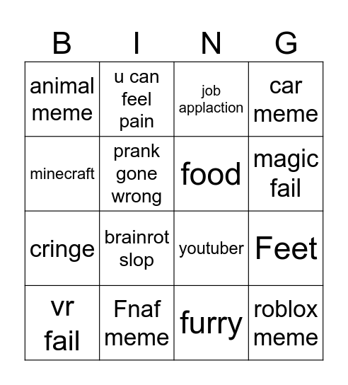 Youtube meme bingo Card