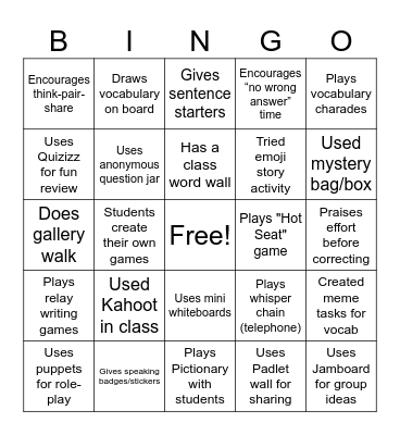 Engagement Bingo for ELT Workshop Bingo Card