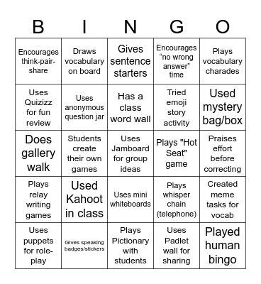 Engagement Bingo for ELT Workshop Bingo Card