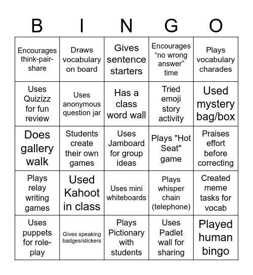 Engagement Bingo for ELT Workshop Bingo Card