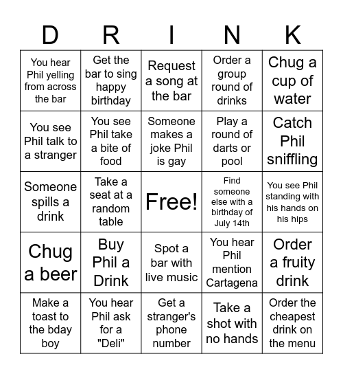 Phil's 40th Birthday Bingo Card
