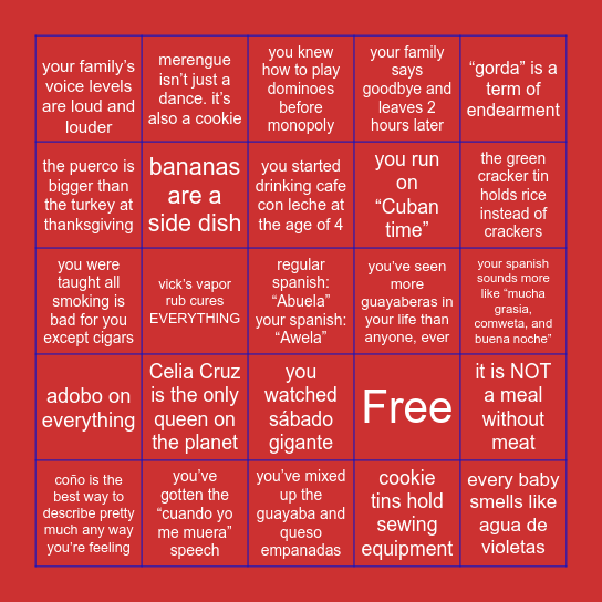 Cuban Bingo Card
