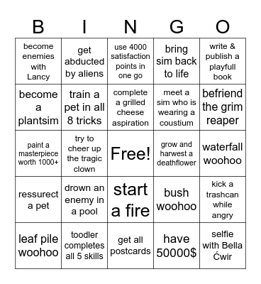 simsy Bingo Card