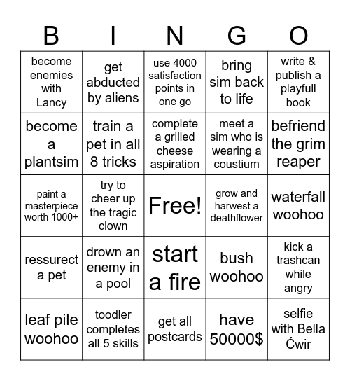 simsy Bingo Card
