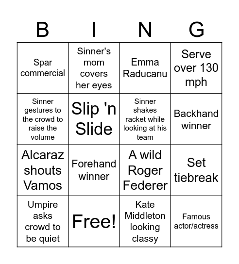 Wimbledon Final Bingo Card