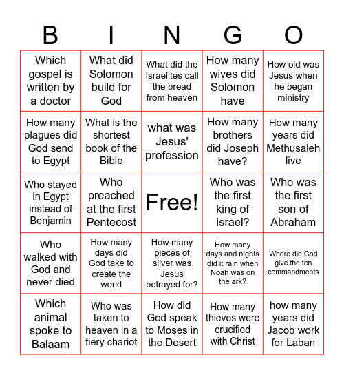 Bible Questions Bingo Card