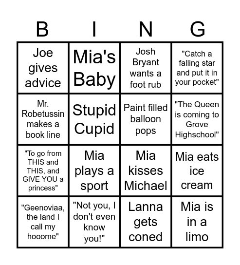 Princess Diaries Bingo Card