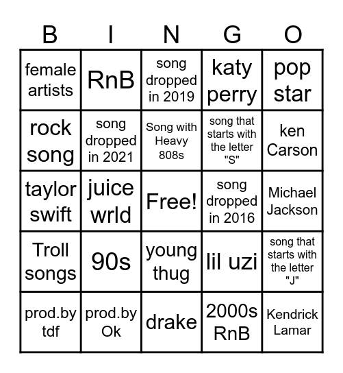 Music Bingo Card