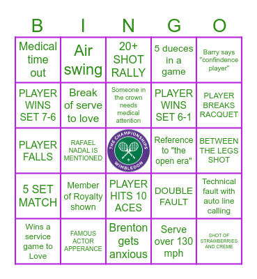 WIMBLEDON Bingo Card