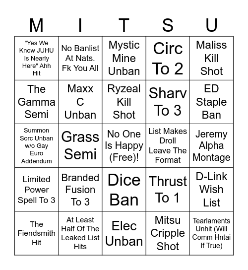 July 2025 Banlist Bingo Card