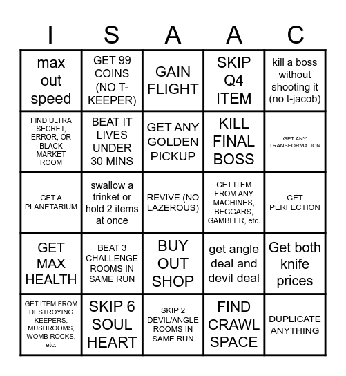 BINDING OF ISAAC BINGO Card