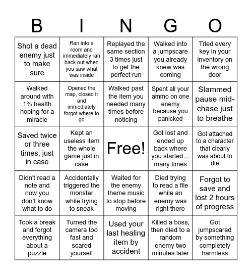 Survival horror games Bingo Card