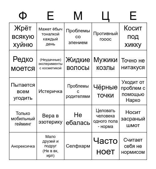 Femcel Bingo Card