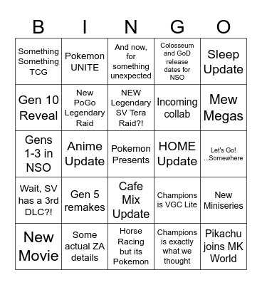 July 22nd Pokemon Presents Bingo Card