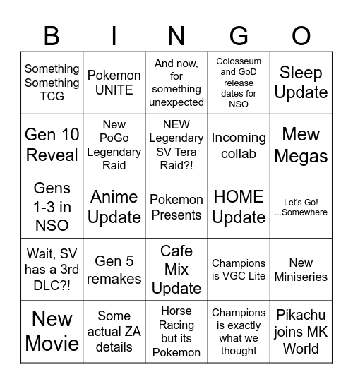July 22nd Pokemon Presents Bingo Card