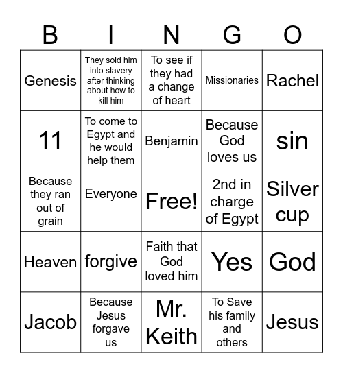 Joseph forgives his brothers Bingo Card