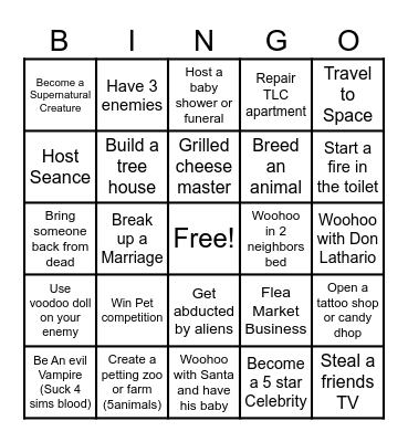 Sims 4 Challenge Bingo Card