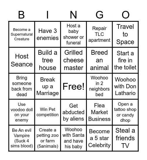 Sims 4 Challenge Bingo Card