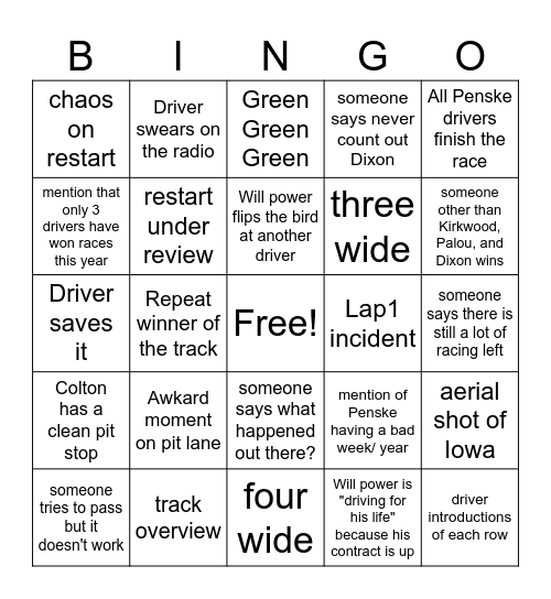 Indycar Iowa 2025 Race 1 Bingo Card