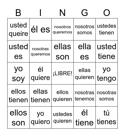 BINGO DE VERBOS Bingo Card