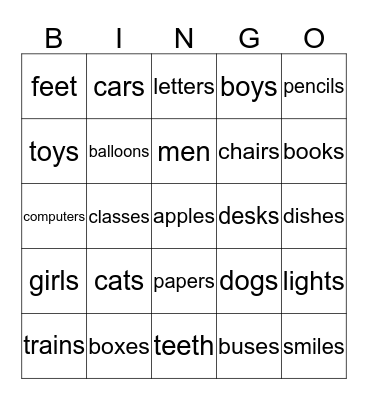 Plural Nouns Bingo Card