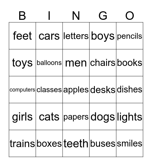 Plural Nouns Bingo Card