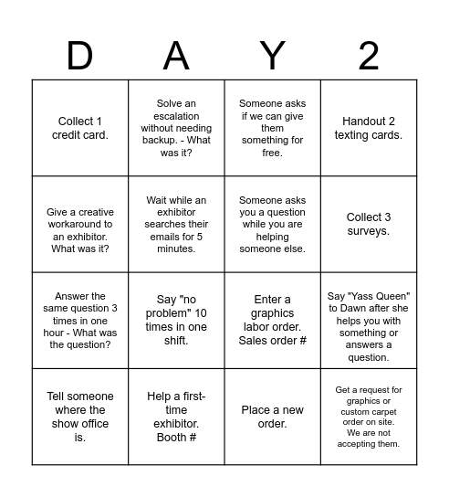 Showsite Bingo Card
