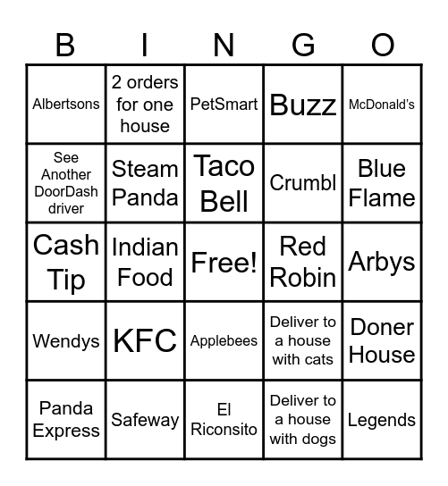 DoorDash Bingo Card