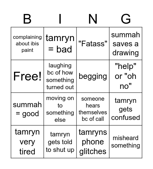 call bingo Card
