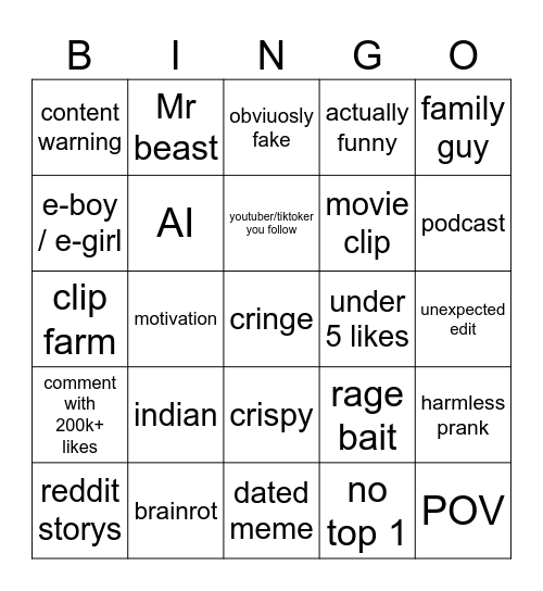 youtube shorts bingo Card