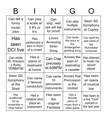 Music Bingo Card