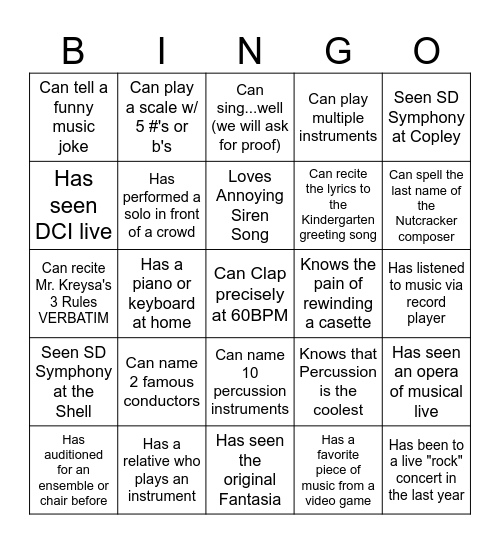 Music Bingo Card