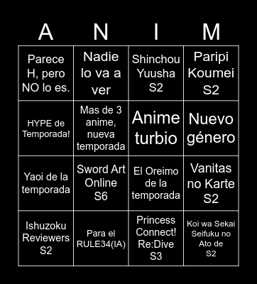 Bingo Anime Nueva Temporada Bingo Card