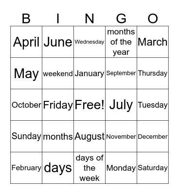 Months of the Year & Days of the Week Bingo Card