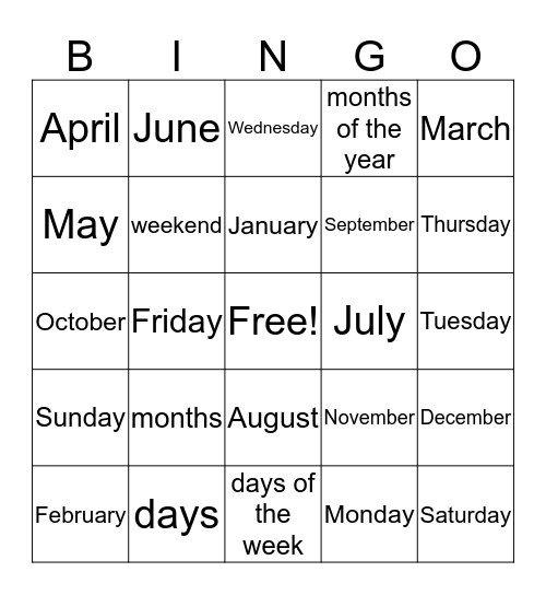 Months of the Year & Days of the Week Bingo Card
