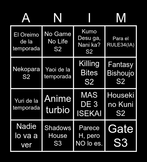 Bingo Anime Nueva Temporada VERANO 2025 Bingo Card