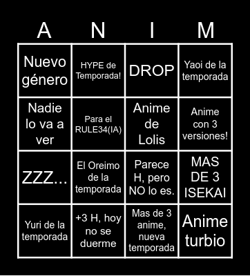 Bingo Anime Nueva Temporada VERANO 2025 Bingo Card