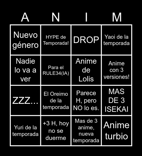 Bingo Anime Nueva Temporada VERANO 2025 Bingo Card