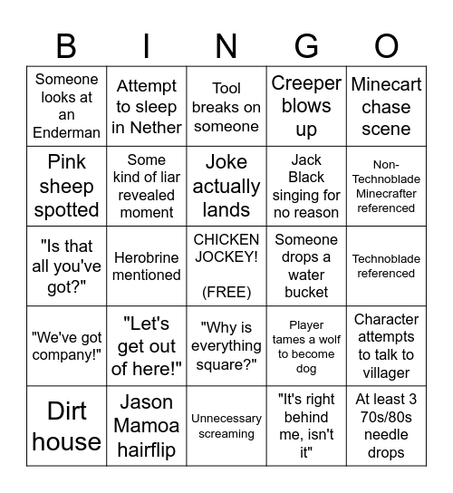 Minecraft Movie Bingo Card