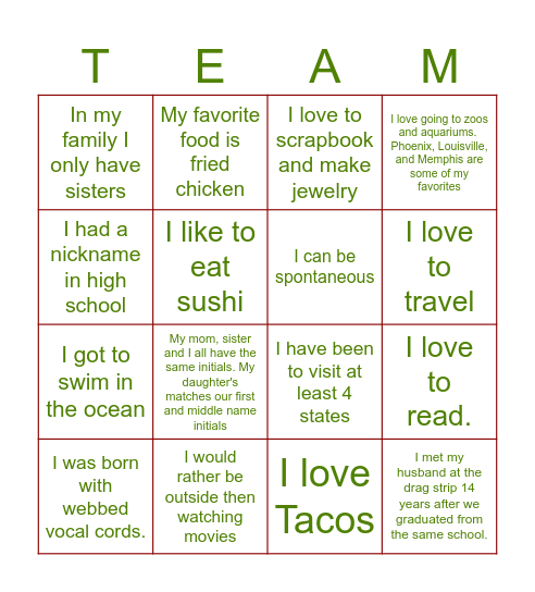 TEAM FUN FACTS Bingo Card