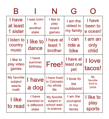 Get to Know You Bingo Card
