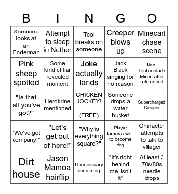 Minecraft Movie Bingo Card