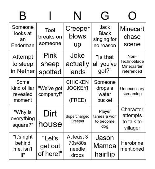 Minecraft Movie Bingo Card