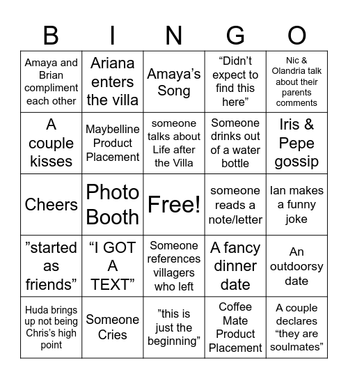 LOVE ISLAND FINALE Bingo Card
