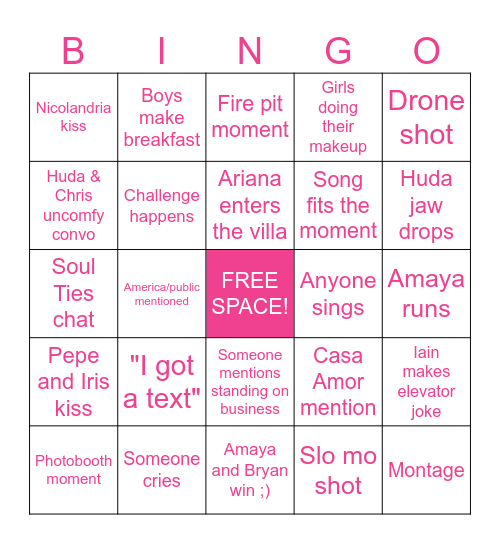 Love Island USA Season 7 Finale Bingo Card