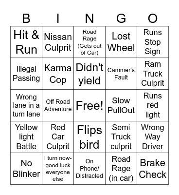Bad Driver Bingo Card